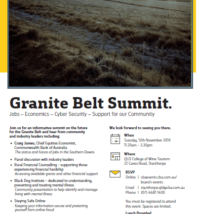 CBA’s Granite Belt Summit |12 November 2019 | QCWT | JObs – Economics – Cyber Security – Support for our Community