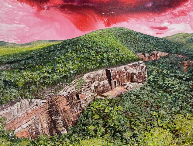 YA-HA. Guardian of the Verdant Abyss. Acrylic and Collage 90 x120 cm 2025
